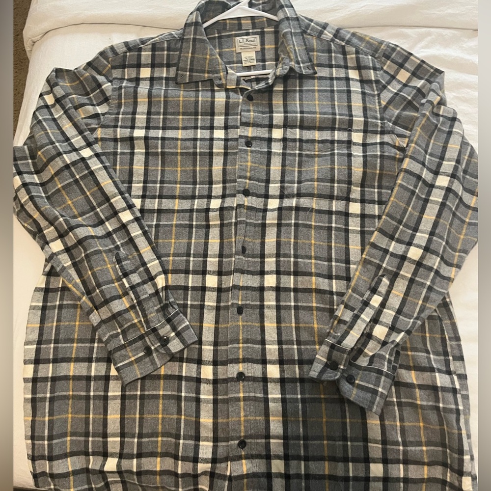 LL BEAN Gray Yellow Scotch Plaid Fitted Flannel Shirt
